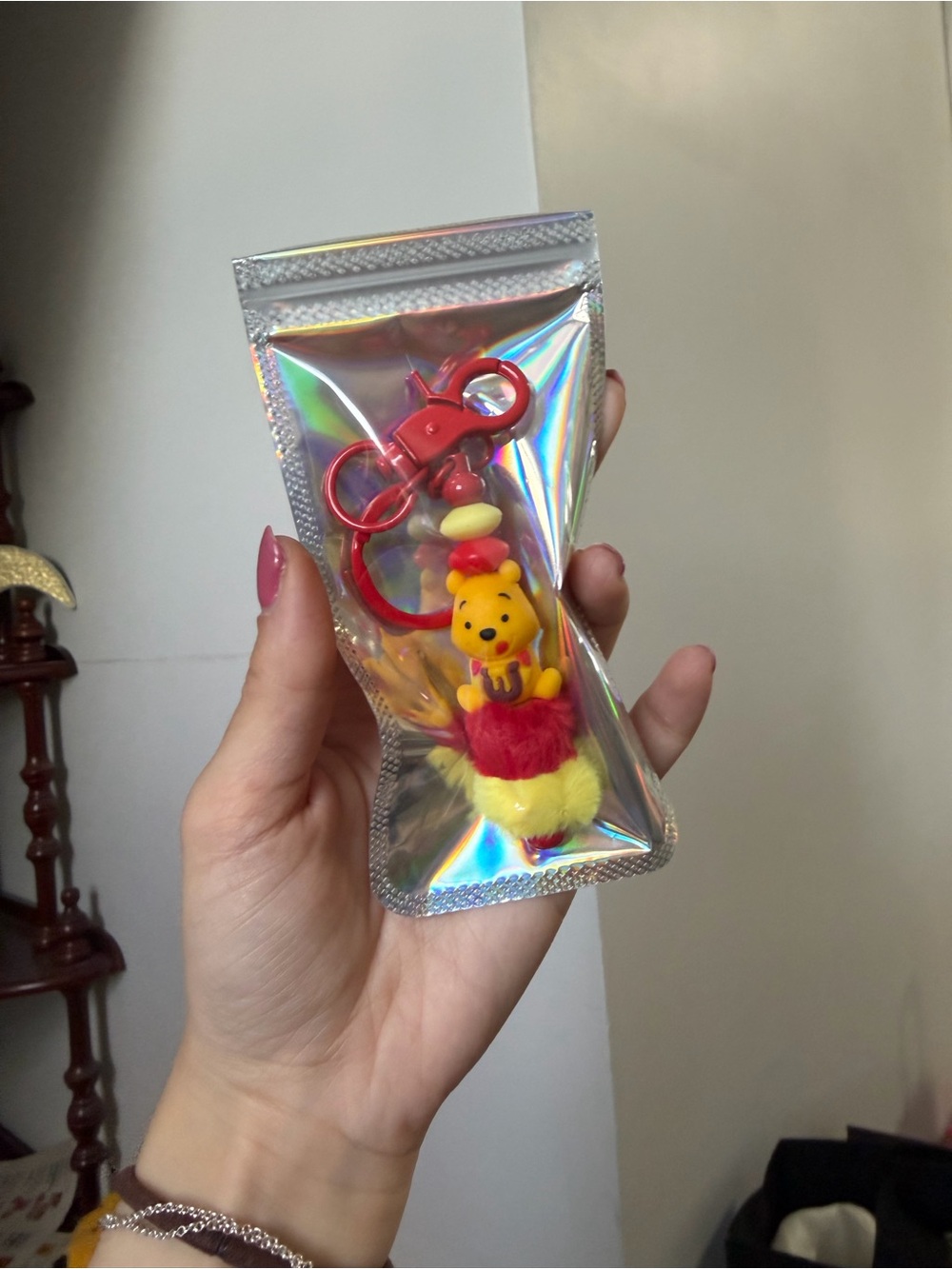 Cute Yellow Winnie the Pooh Pom Keychain with Red Clip